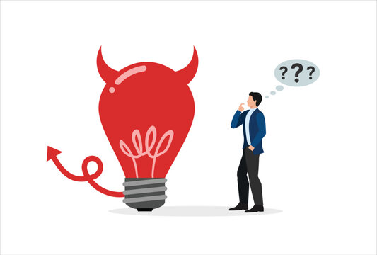 Bad idea, wrong information and error for business problem, solution management. Tiny businessman thinking about devil light bulb with red face to choose decision cartoon vector illustration

