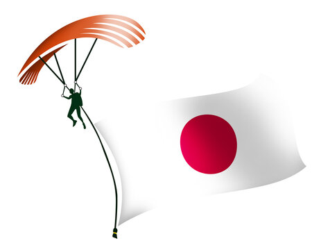 A skydiver, A paratrooper, A parachutist carrying a flag of Japan