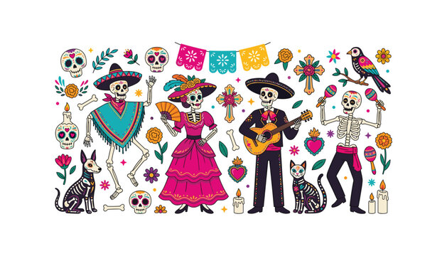 Day of the dead dia de los muertos elements collection with sugar skull skeleton characters catrina mariachi isolated flat vector illustration