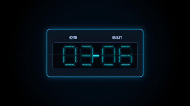 Digital scoreboard with glowing blue neon numbers, electronic sports timer showing home and guest scores, futuristic athletic display interface for basketball or football broadcasts. High