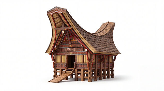 Miniature Indonesian Traditional House Rumah Adat on White Background