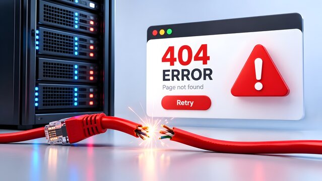 Network failure concept with severed red ethernet cable and glowing sparks next to server rack and 404 error interface