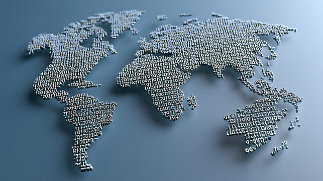 A world map composed of binary code digits presents a digital global network concept
