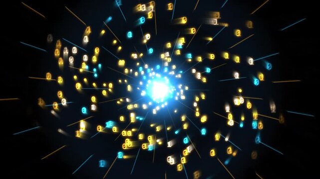 Abstract digital binary code tunnel with glowing blue and gold numbers. Futuristic data stream background for cyber security. High speed internet connection and big data visualization. High