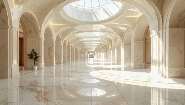 Grand marble hallway with arched colonnade and natural light streaming through skylights