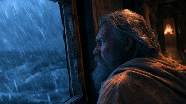 Noah looking out the ark window at heavy rain during the biblical flood, dramatic side profile of elderly man watching stormy ocean with warm torchlight in background.