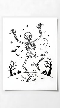 Skeleton vector illustration line art dancing for Halloween celebration with spooky moon and bats