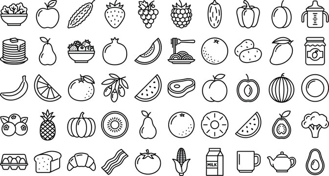 Fresh Grocery and Breakfast Food Line Icon Set Featuring Fruits, Vegetables, Bakery Items, and Dairy Outlines for Healthy Eating Graphic Designs