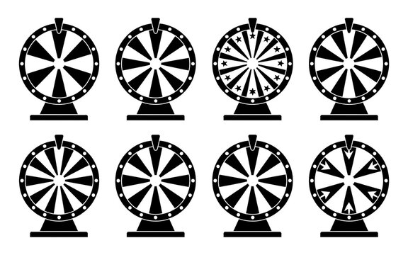 Set of eight black and white fortune wheels for games and prize giveaways on white background