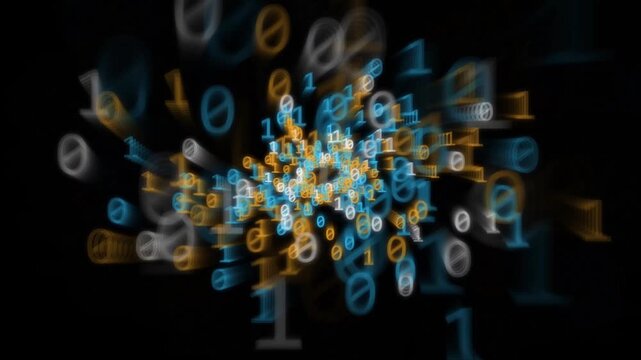 Abstract binary code data stream, glowing blue and gold digital numbers on black background, futuristic big data processing concept, high speed information flow for cyber security High Quality