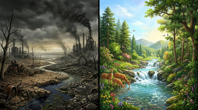 Contrast Between Polluted Wasteland and Pristine Nature