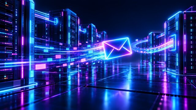 Glowing neon envelope icon flying through server room representing high speed data transmission and email delivery
