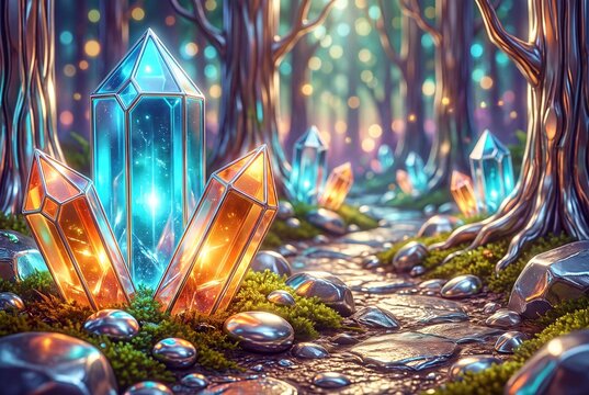 Glowing magical crystals illuminate a stone pathway winding through an enchanted fantasy forest