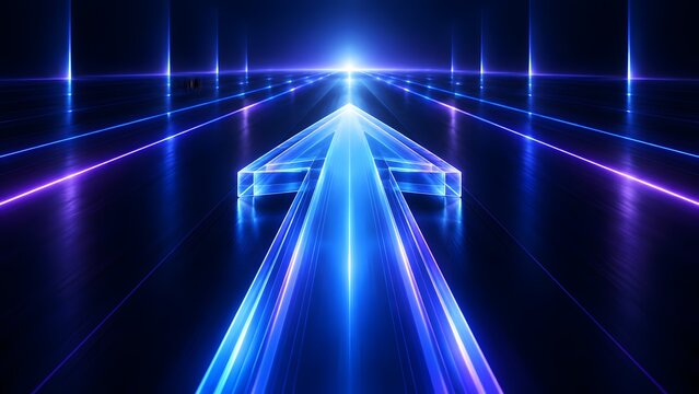 Glowing blue transparent glass arrow pointing forward on reflective neon grid surface representing future technology and progress