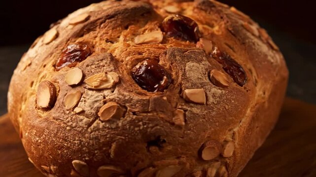 Close-up of a freshly baked artisan fruit bread loaf studded with dates and flaked almonds, resting on a dark rustic surface.