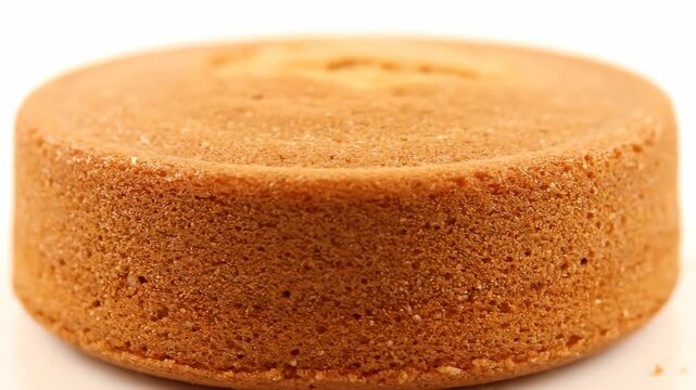 Close-up macro shot of a freshly baked golden sponge cake layer base isolated on a white background, showing porous and moist texture detail for baking preparation.
