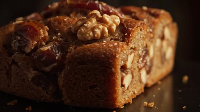 Extreme Close-up of Rich Date and Walnut Loaf Cake on a Dark Background, Highlighting the Glistening Fruit and Nut Texture