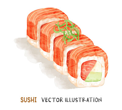 Salmon sushi rolls with cream and avocado. Watercolor vector Japanese food illustration.