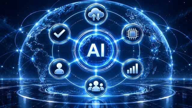 Artificial intelligence global network with glowing icons surrounding digital earth representing worldwide automation