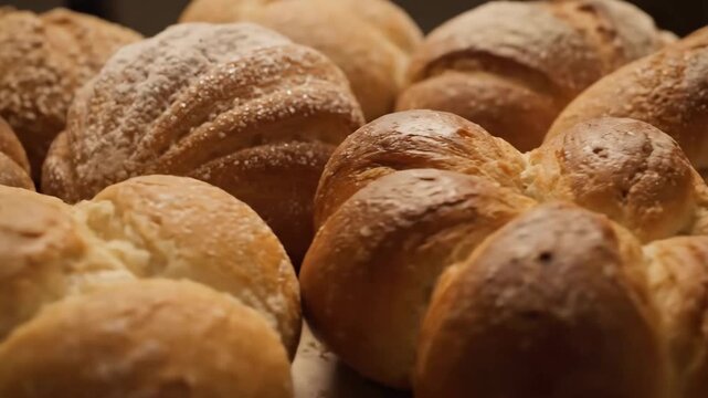 Assortment of fresh artisan bread rolls with golden brown crusts, including flour-dusted and braided buns, showcased in a bakery setting.
