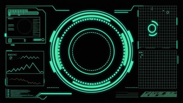 Sci-fi HUD digital interface. Green neon circular dashboard with flickering data graphs and technical readout elements on black. Futuristic display loop for tech, cyber, and computing projects.