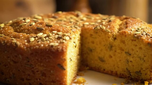 Macro shot of homemade sweet bread or rustic cake loaf, golden brown and garnished with fennel seeds, oats, and coarse sugar, emphasizing warm, artisan baking.