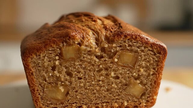 Detailed close-up of freshly baked moist fruit loaf (apple or banana bread) with a golden brown crust, showcasing the rustic texture and embedded fruit chunks.