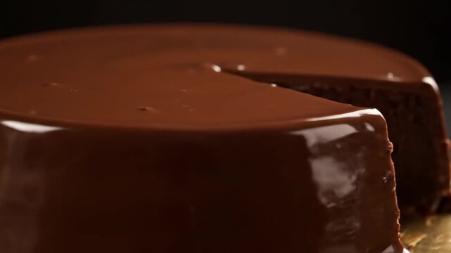 Decadent close-up of a rich, glossy chocolate cake or torte covered in shiny ganache glaze on a dark background, showing a perfect, smooth surface and texture with a slice removed.