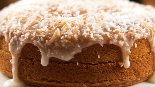 Decadent homemade coconut cake featuring thick white glaze dripping down the sides and a generous topping of toasted shredded coconut flakes, shot in close-up.