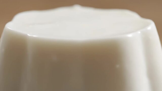 Extreme Close-Up Macro Shot of White Creamy Panna Cotta Dessert. Detailed View of Soft, Glossy Texture and Molded Shape, Perfect for Recipe and Gourmet Food Concepts.