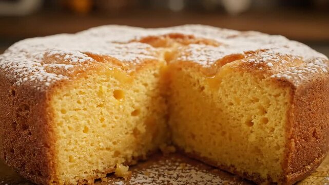 Closeup of a freshly baked golden sponge cake generously dusted with powdered sugar, showcasing the texture and a cut slice ready for serving.