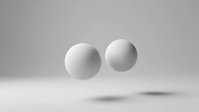 Abstract white spheres 3D animation. Two matte round balls orbiting in a minimalist gray studio space with soft shadows and clean lighting. Seamless loop for corporate motion graphics use.