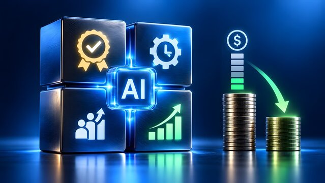 Artificial intelligence concept cubes showing cost reduction with downward green arrow over gold coin stacks
