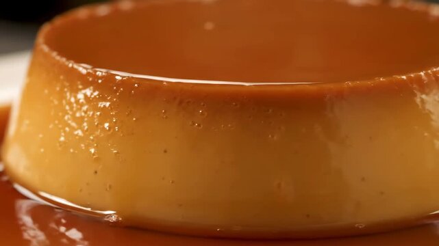 Macro Close-up of Silky Creme Caramel (Flan) Dessert Topped with Rich Golden Caramel Sauce