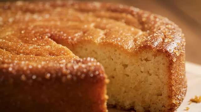 Close-up of a rustic, moist, golden-brown cake with sparkling granulated sugar crust, highlighting the fluffy interior crumb texture after a slice has been removed.