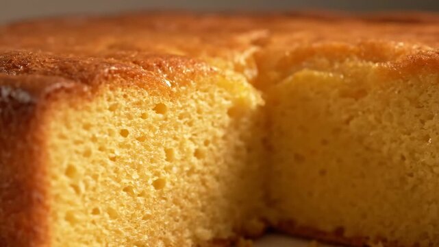 Delicious freshly baked golden sponge cake texture. Extreme close-up of a classic homemade dessert with a slice removed, highlighting the porous interior and glossy brown crust.
