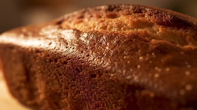 Macro close-up of freshly baked golden-brown sweet loaf crust, emphasizing the moist texture and warm, comforting appearance of homemade bread or cake.