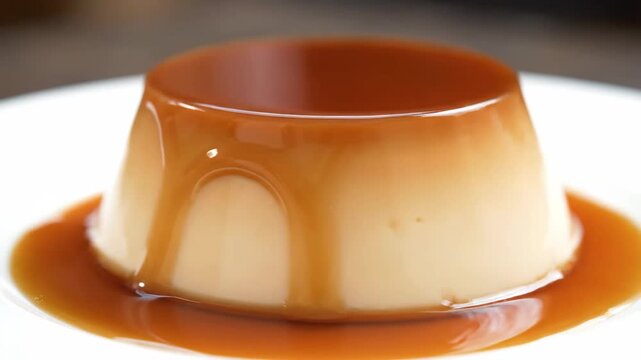 Delicious classic flan or creme caramel dessert topped with shiny, rich caramel sauce dripping down the sides onto a white plate, perfect for sweet menus.