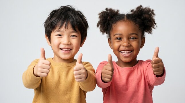 Two Diverse Happy Children Smiling and Giving Thumbs Up Together Against a Plain Studio Background Illustrating Success, Unity, and Childhood Happiness