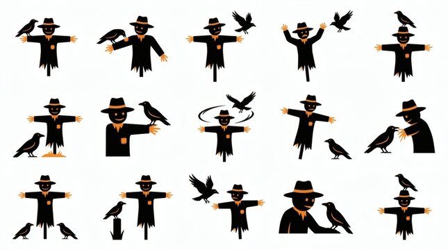 Black And Orange Two Tone Flat Vector Scarecrow Crow Hybrid Duo Scenes Collection

