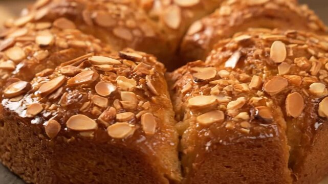 Close-up view of freshly baked, golden brown ring cake or brioche topped with a thick, glossy glaze and crunchy sliced almonds, emphasizing texture and sweetness.