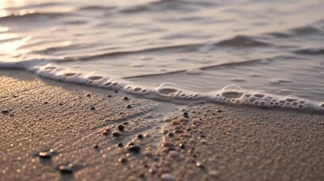 Gentle ocean waves washing ashore on a sandy beach during golden sunrise