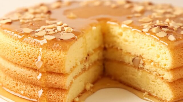 Delicious layered sponge cake topped with golden honey or caramel glaze and crunchy almond slices, ready to be served.