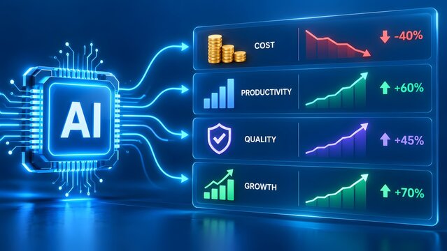 Artificial intelligence processor analyzing business metrics for cost reduction and productivity growth