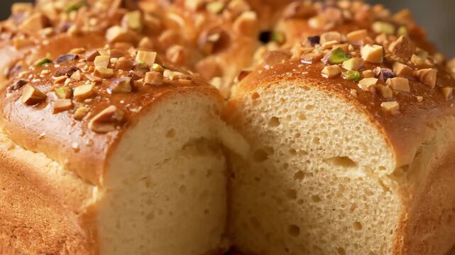 Close-up of freshly baked sweet brioche bread or ring cake topped with shiny glaze and chopped pistachios, showcasing the soft golden crumb texture.