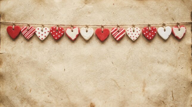 A string of small red and white patterned hearts hanging across the of a textured vintage paper background, with a rustic, and aged appearance