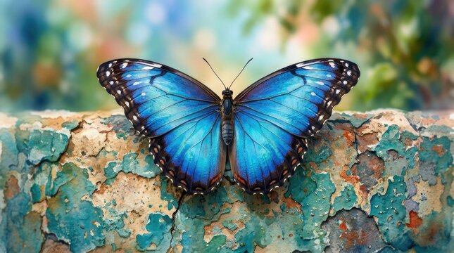 A vibrant blue morpho butterfly resting on a weathered, textured wall with peeling turquoise and brown paint in a soft, natural setting