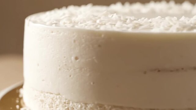 Detailed extreme close-up of a luxurious white coconut cake or mousse dessert featuring creamy texture and delicate shredded coconut flakes on top, perfect for bakery menus.