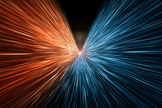 Converging streaks of orange and blue light create a dynamic abstract visual composition