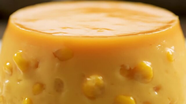 Delicious Macro Close-up of Homemade Yellow Corn Pudding or Flan (Flan de Elote), Showing Creamy Texture and Embedded Sweet Corn Kernels.
